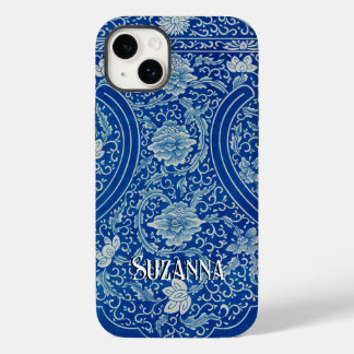 Coque Pour iPhone 14 Plus Antique chinois Floral Cobalt Blue Motif Nom