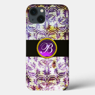 Coques Pour iPhone ANTIQUE DAMASK Violet Améthyste Monogramme noir