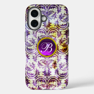 Coques iPhone 16 ANTIQUE DAMASK Violet Améthyste Monogramme noir