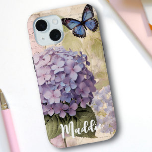 Coque Pour iPhone 15 Antique Hydrangea & Butterfly Blue Nom personnalis