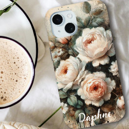 Coque Pour iPhone 15 Antique Shabby Chic Pale Rose Peony Nom personnali