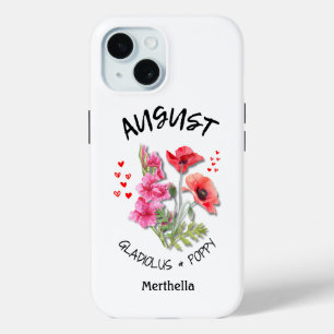 Coque Pour iPhone 15 AOÛT Mois de naissance Fleur Nom personnalisé