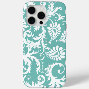 Coque iPhone 15 Pro Max Aqua Bleu Et Blanc, Damas Personnalisées