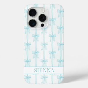 Coque iPhone 15 Pro Aqua Coquette Nœuds Rayures Monogrammées