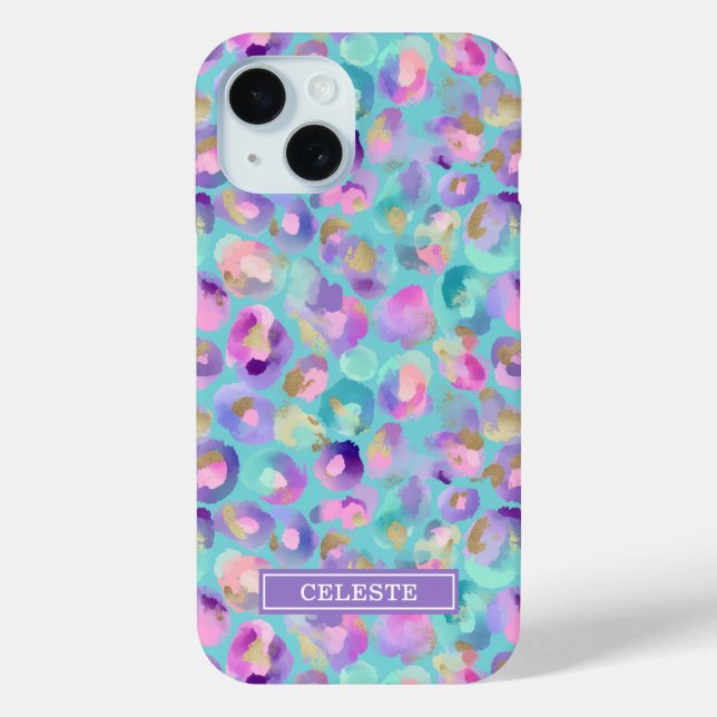 Coques Case-Mate iPhone Aqua Iridescent Imprimé Léopard Monogrammé (Verso)