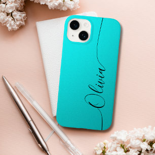 Coque Pour iPhone 14 Aqua Noir Élégant Calligraphie Script Nom