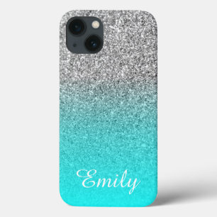 iPhone 13 Coque Aqua Ombré Personnalisé Paillettes Argentées