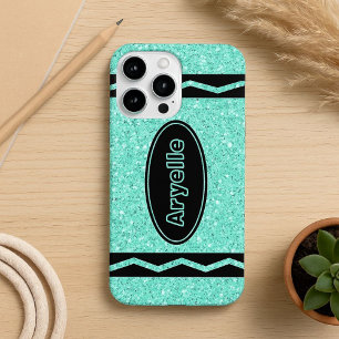 Coques iPhone 16 Pro Max Aqua Parties scintillant Crayon Nom personnalisé i