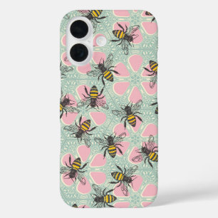 Coques iPhone 16 aqua rose fleuri de ruche miel