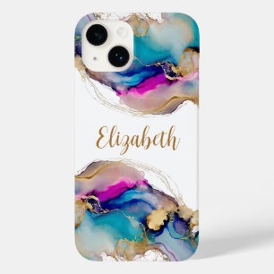 Coque Pour iPhone 14 Aquarelle Abstrait Lavis Violet Bleu Or Monogramme