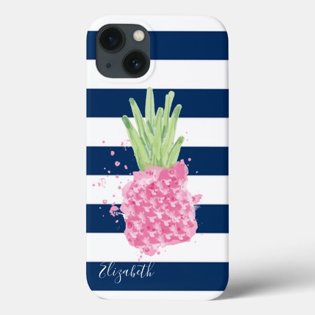 Coques Case-Mate iPhone Aquarelle ananas Tropical, Bleu marine rayé (Verso)