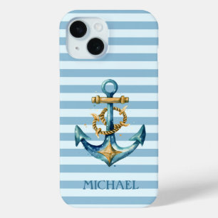 Coque Pour iPhone 15 Aquarelle Ancre marine Bleu clair rayures