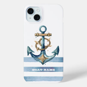 Coque iPhone 15 Mini Aquarelle Ancres Naïves Rayures Bleu Clair