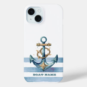 Coque Pour iPhone 15 Aquarelle Ancres Naïves Rayures Bleu Clair