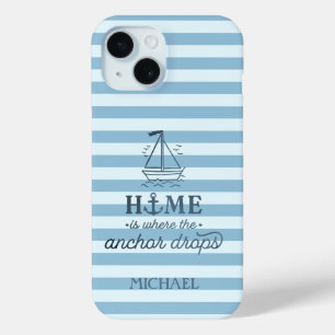 Coque Pour iPhone 15 Aquarelle Bateau nautique Bleu clair rayures