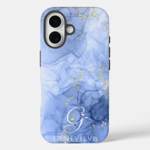 Coques iPhone 16 Aquarelle bleu azur encre d'alcool personnalisable