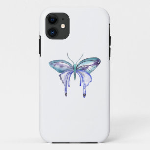 Coque iPhone 11 aquarelle bleu bleu pourpre papillon