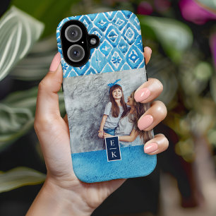 Coques iPhone 16 Aquarelle bleu Boho Imprimer Photo monographique