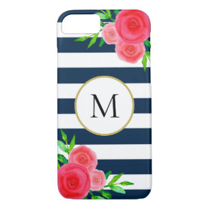 Coques Pour iPhone Aquarelle bleu marine blanche rayée Monogramme flo