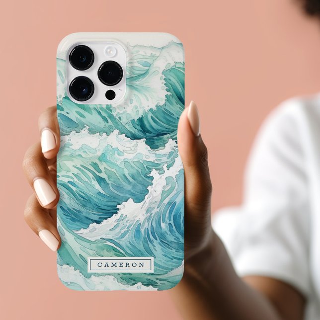 Coques Case-Mate iPhone Aquarelle bleu vagues nom personnalisé (Watercolor blue waves custom name Case-Mate iPhone case)