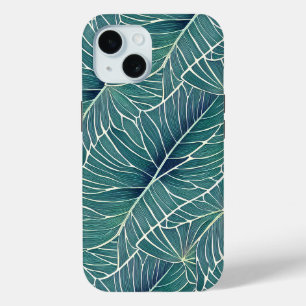 Coque Pour iPhone 15 Aquarelle Bleu Vert Turquoise Tropical Feuille Mot