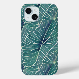 Coque Pour iPhone 15 Aquarelle Bleu Vert Turquoise Tropical Feuille Mot