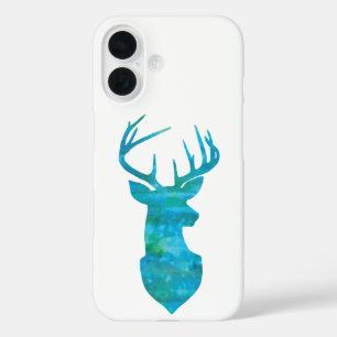 Coques iPhone 16 Aquarelle bleue Cerf Silhouette