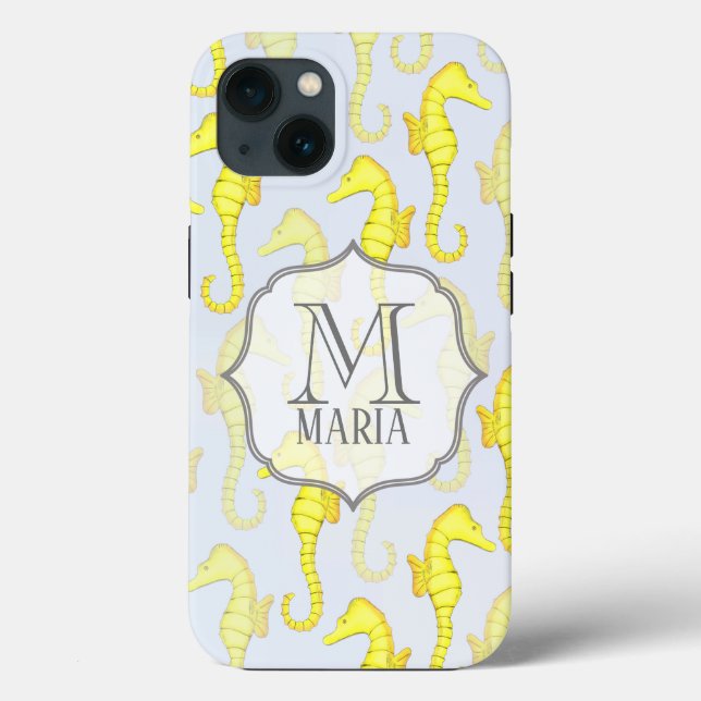 Coques Case-Mate iPhone Aquarelle bleue Monogramme personnalisé Cheval nau (Verso)
