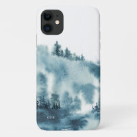 Aquarelle Blue Winter Forest Monogramme