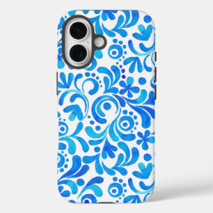Coques iPhone 16 Aquarelle botanique Bleu et Blanc