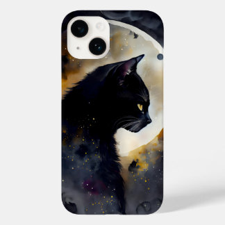 Coque Pour iPhone 14 Aquarelle Chat Noir Eclipse Lune Oeuvre