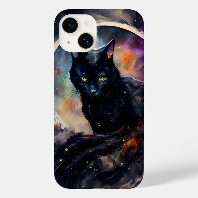 Coques Case-Mate iPhone Aquarelle Chat Noir Eclipse Lune Oeuvre (Verso)