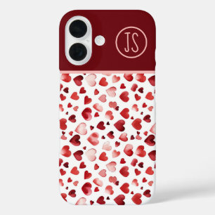 Coques iPhone 16 Aquarelle Coeurs rouges Saint Valentin Monogrammé