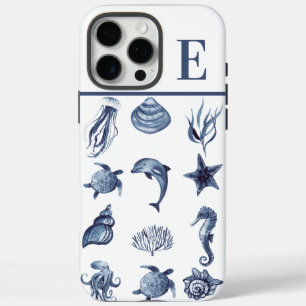 Coques iPhone 16 Pro Max Aquarelle Côtière Bleu Marine Initiale Personnalis