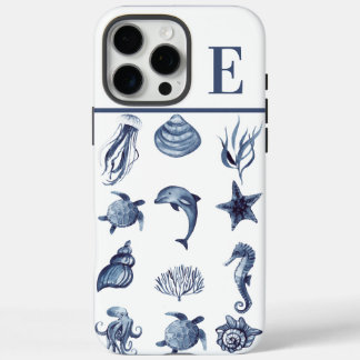 Coques iPhone 16 Pro Max Aquarelle Côtière Bleu Marine Initiale Personnalis