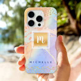 Coques iPhone 16 Pro Aquarelle couleur or violet bleu moderne nom monog