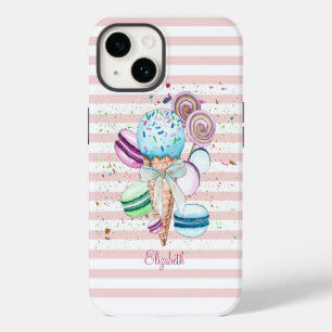 Coque Pour iPhone 14 Aquarelle Crème glacée, Macarons, Bandes roses
