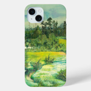 Coque iPhone 15 Mini Aquarelle de la vallée verte sur soie