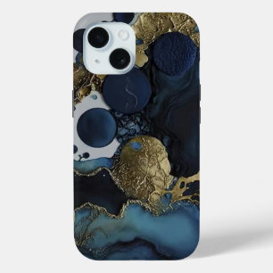 Coque Pour iPhone 15 Aquarelle de luxe noir & bleu or
