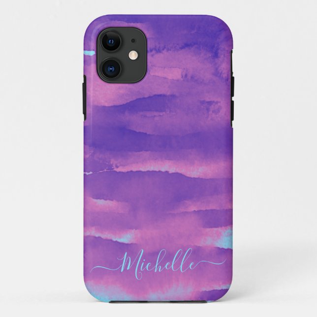 Coques Case-Mate iPhone Aquarelle de néon rose violet Abstrait (Dos)