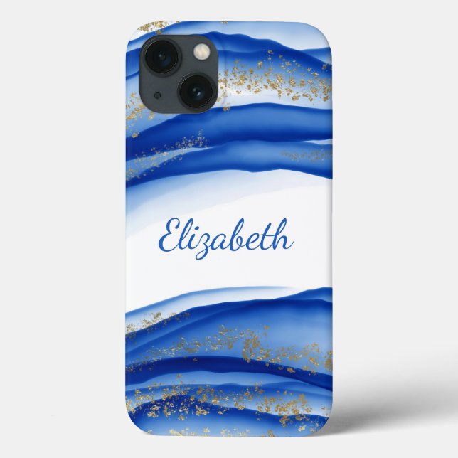 Coques Case-Mate iPhone Aquarelle d'encre blanche bleu or personnalisée (Verso)