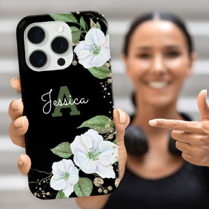 Coques iPhone 16 Pro Aquarelle d'or noir Monogramme floral Script chic