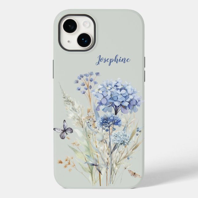 Coques Case-Mate iPhone Aquarelle Dusty Blue Floral Personnalisé (Verso)