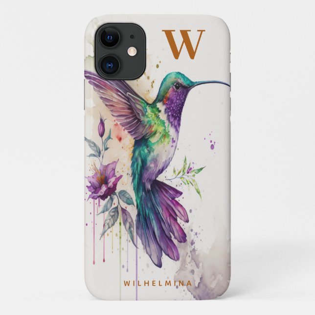 Coques Case-Mate iPhone Aquarelle Elegant Colibri Funny Monogramme Nom (Dos)