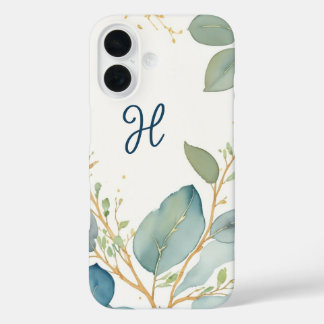 Coques iPhone 16 Aquarelle élégante branche eucalyptus monogramme