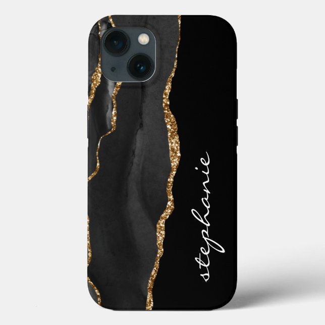 Coques Case-Mate iPhone Aquarelle en or noir Agate personnalisée (Verso)