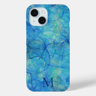 Coque Pour iPhone 15 Aquarelle encre bleu et or + monogramme