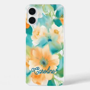 Coques iPhone 16 Plus Aquarelle fleur sauvage orange turquoise