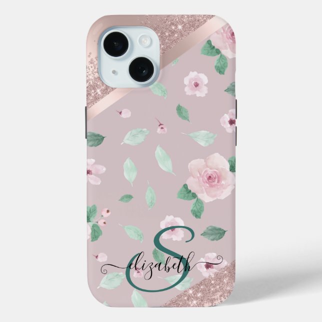 Coques Case-Mate iPhone Aquarelle Fleurs Rose or Monogramme (Verso)