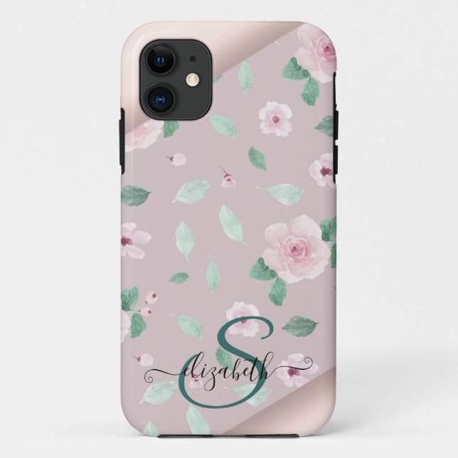 Coques Case-Mate iPhone Aquarelle Fleurs Rose or Monogramme (Dos)